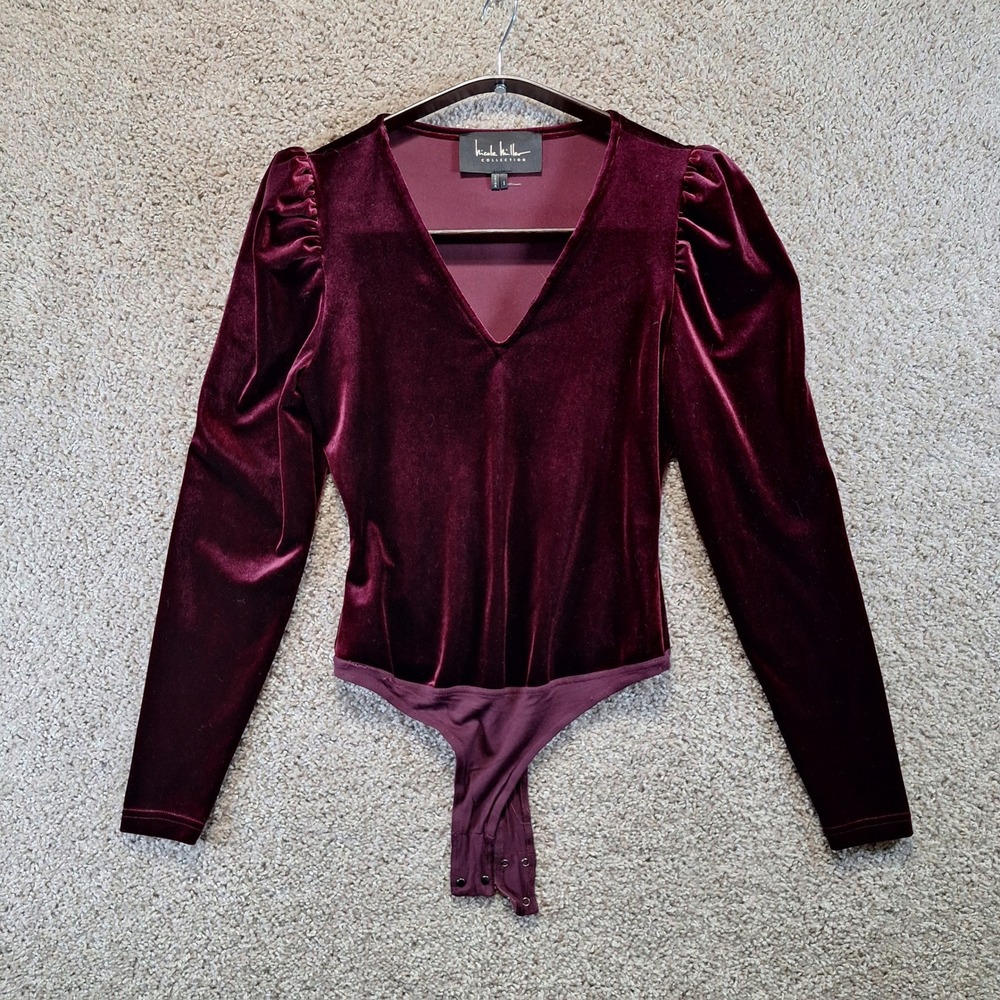 Nicole Miller Bodysuit Womens S Burgundy Velvet Long Sleeve V-Neck Puff Shoulder